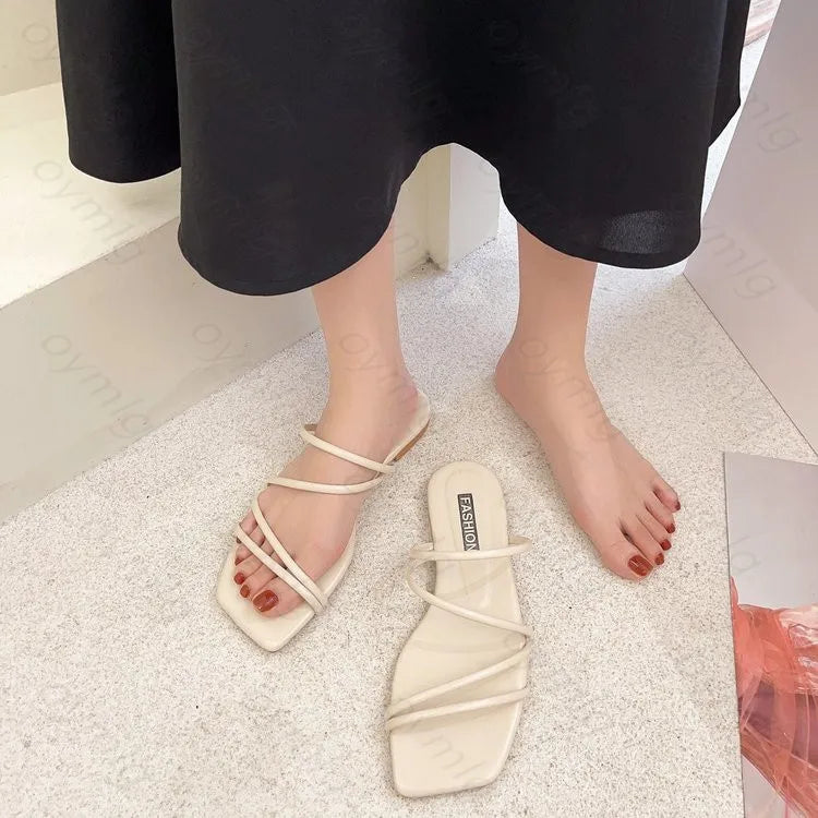 Slippers women summer Korean version new square-toe flat-heel candy color fashion outer wear sandals slippers