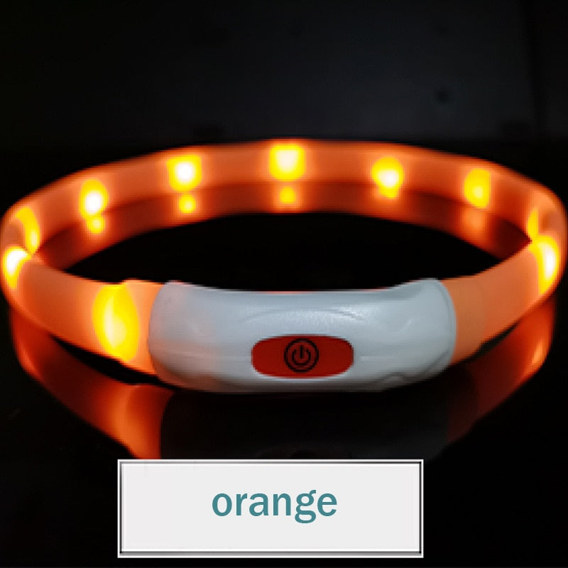 Silicone Led Dog Collar Usb Rechargeable Luminous Dog Collar Anti-Lost/Car Accident Safety Pet Light Collar for Dog Accessories orange, S