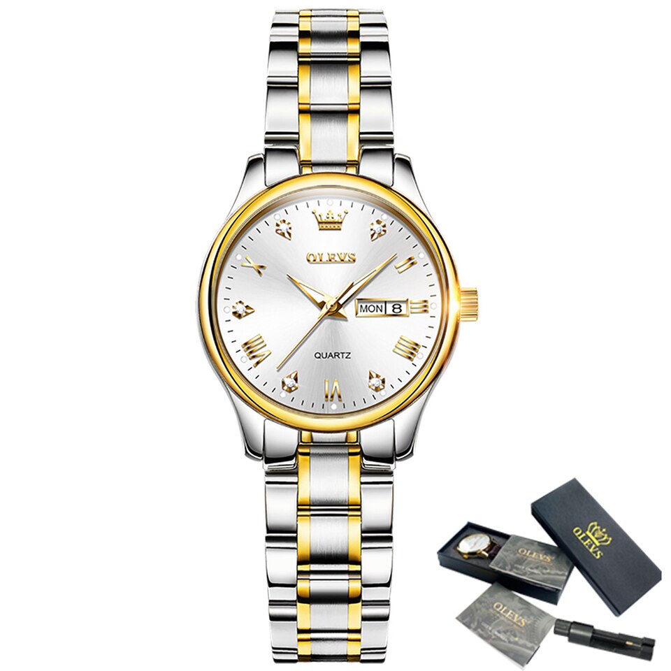 Watches Luxury Brands Fashion Rhinestone Stainless Steel Dual Calendar Quartz Ladies Wristwatches 5563 Reloj Mujer White, China, No