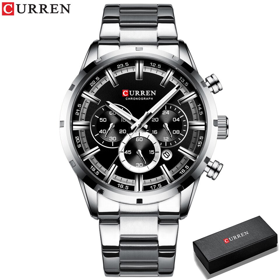 Men Watch Blue Dial Stainless Steel Band Date Mens Business Male Watches Waterproof Luxuries Men Wrist Watches for Men Silver black box