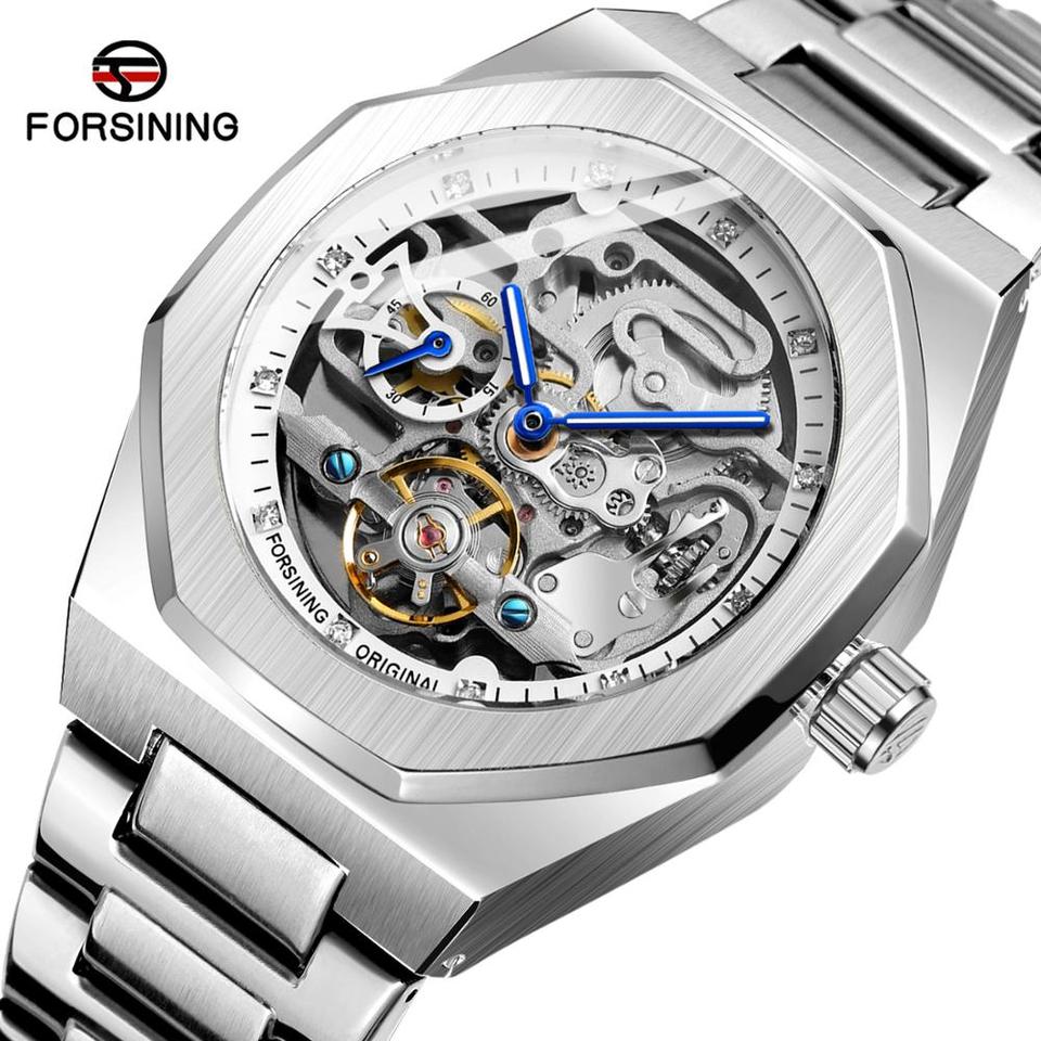 Forsining Fashion Mens Watches Automatic Mechanical Stainless Steel Fashion Business Skeleton Wrist watch Relogio Masculino