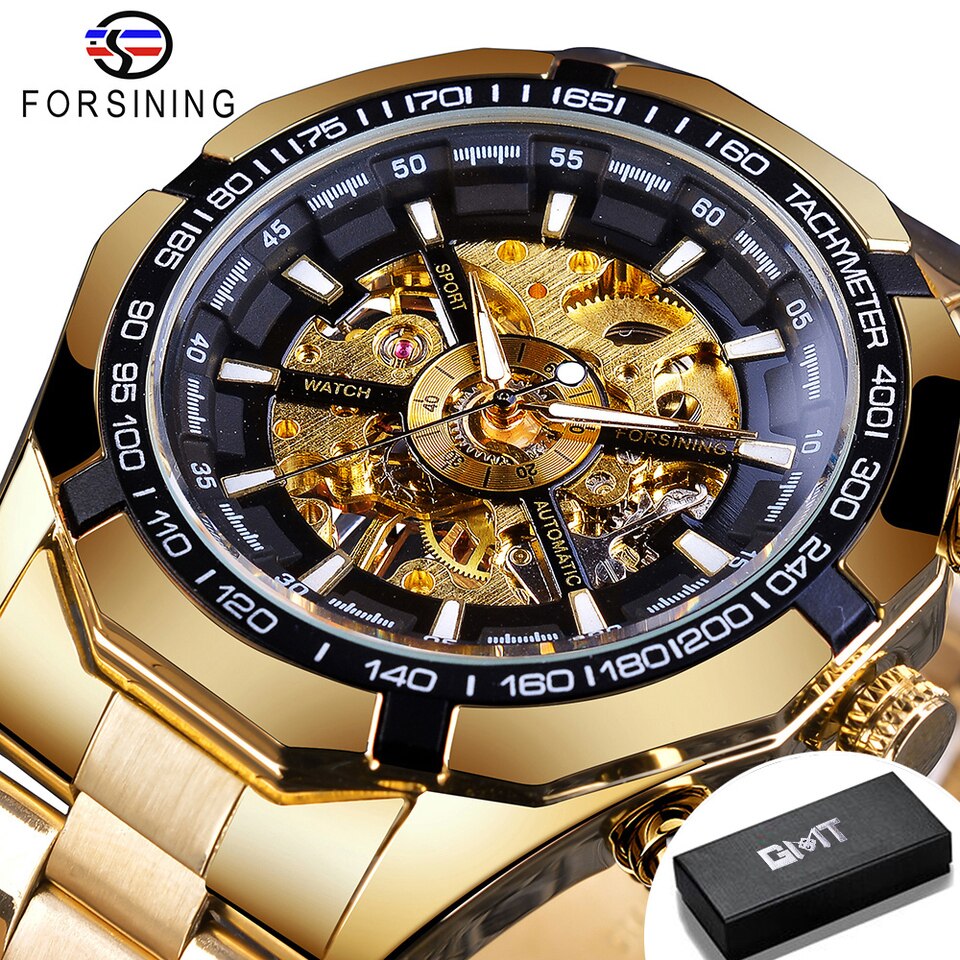 New Men Forsining Stainless Steel Watch Waterproof Mens Skeleton Watches Top Brand Luxury Transparent Mechanical Sport Male Wrist Watches