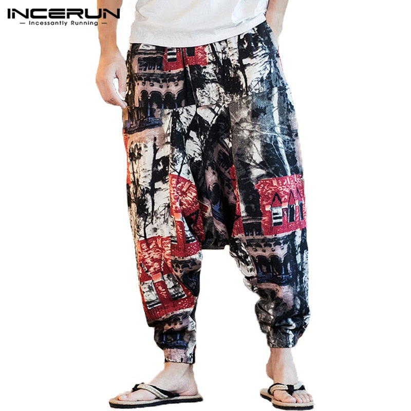 New Men Harem Pants Print Retro Drop Crotch Joggers Cotton Trousers Men Baggy Loose Nepal Style Men Casual Pants S 5XL S, Red, Pack of 1