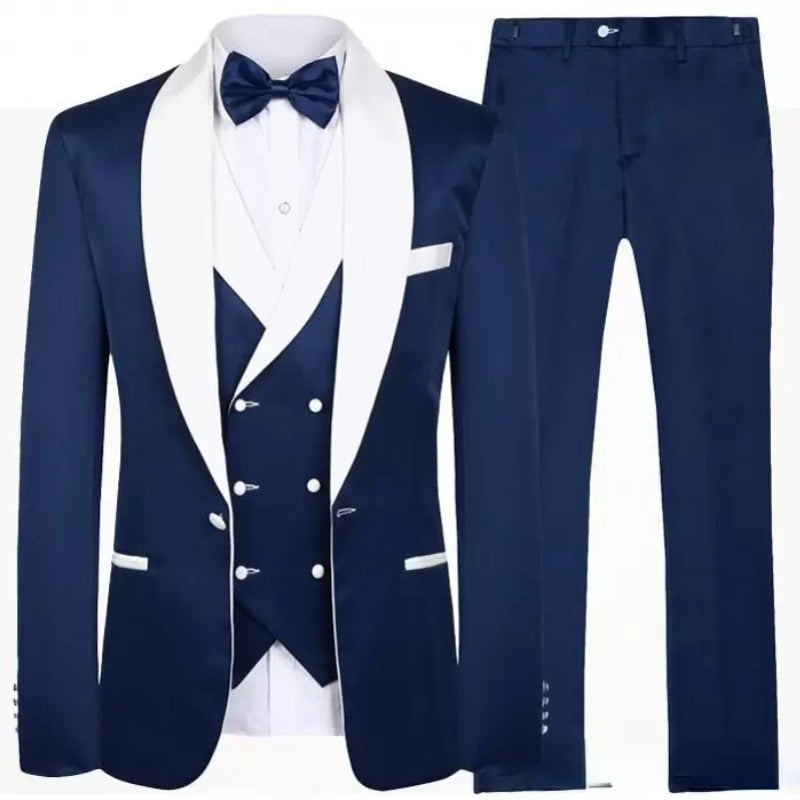 New Tailor Made Royal Blue Men Suit Groom Tuxedos Peak Lapel Best Man Suits Mens Wedding Suits (Jacket+Pants+Vest) Navy Blue, XS