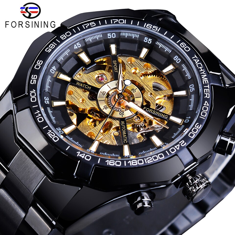 New Men Forsining Stainless Steel Watch Waterproof Mens Skeleton Watches Top Brand Luxury Transparent Mechanical Sport Male Wrist Watches