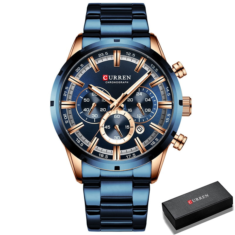 CURREN Men Watch Top Brand Luxury Sports Quartz Mens Watches Full Steel Waterproof Chronograph Wristwatch Men Relogio Masculino Rose Gold Blue Box