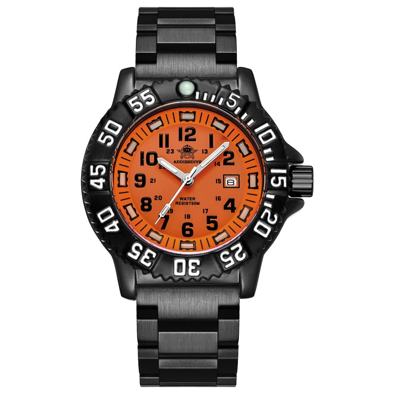 Addies Dive Men Fashion Casual Watch Calendar Display 50m Waterproof Tube Luminous Watch Orange Dial Rotating Bezel Quartz Watch