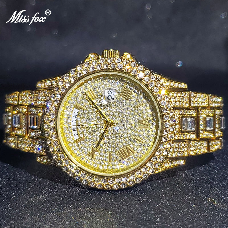 Relogio Masculino Luxury MISSFOX Ice Out Diamond Watch Multifunction Day Date Adjust Calendar Quartz Watches For Men