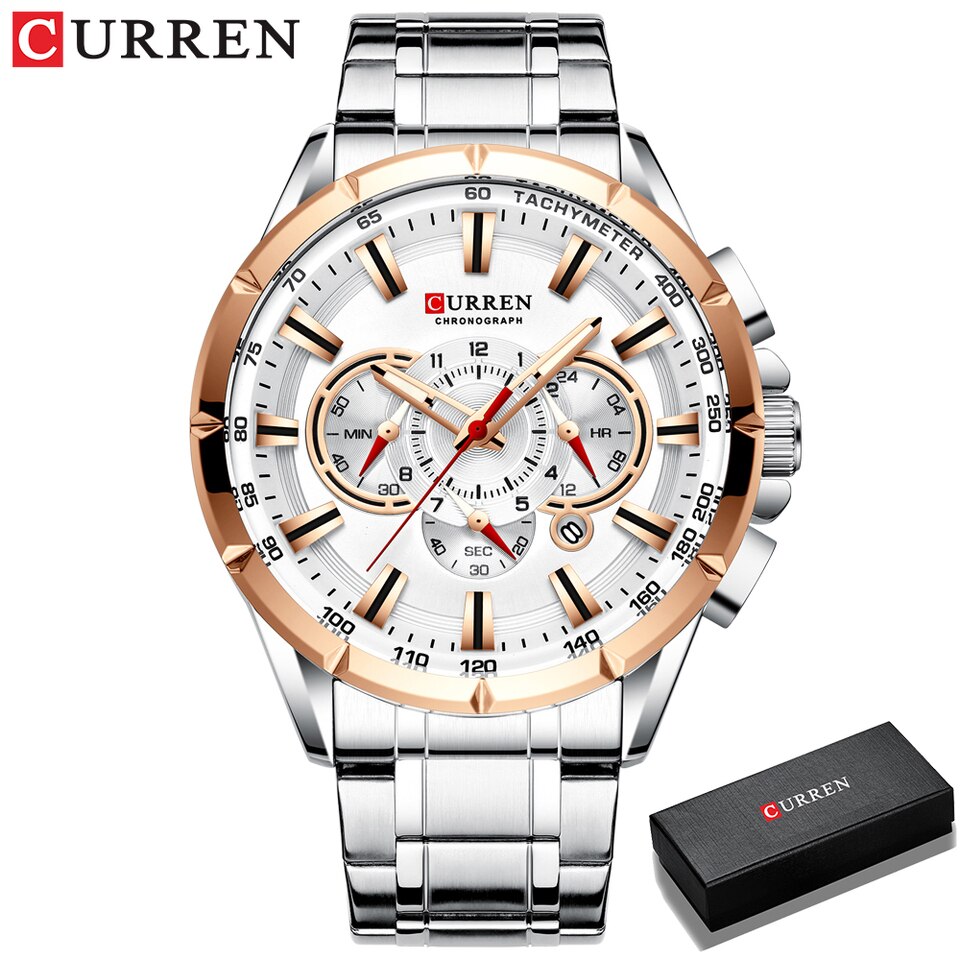 New Casual Sport Chronograph Men's Watches Stainless Steel Band Wristwatch Big Dial Quartz Clock with Luminous Pointers silver rose box