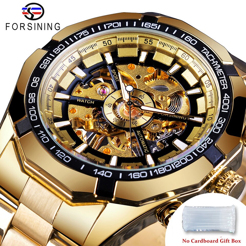 New Men Forsining Stainless Steel Watch Waterproof Mens Skeleton Watches Top Brand Luxury Transparent Mechanical Sport Male Wrist Watches