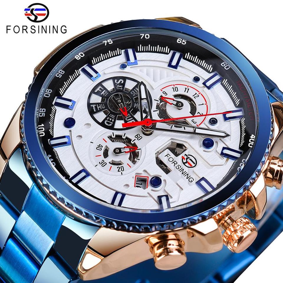 New Men Forsining Three Dial Calendar Watch Stainless Steel Men Mechanical Automatic Wrist Watches Top Brand Luxury Military Sport Male Clock