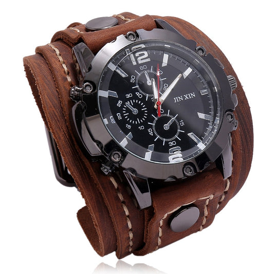 Punk Vintage Black Brown Belt Strap Men Genuine Leather Pointer Watch Bracelet Bangles For Women Male Jewelry Freely