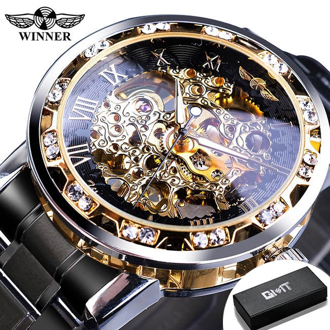 Winner Transparent Fashion Diamond Luminous Gear Movement Royal Design Men Top Brand Luxury Male Mechanical Skeleton Wrist Watch S1089-9