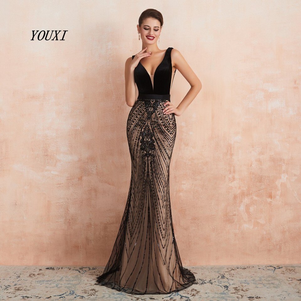 New Women Evening Dress Plunging Backless Black and Champagne Long Prom Formal Gown robe de soiree black champagne, 4