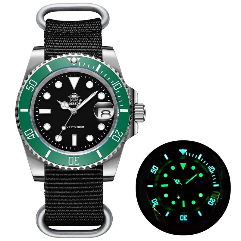 Men Luxury Quartz Watch 200m diver watches 41mm Ceramic Bezel Calendar Display Luminous Watches Men watch NATO green black