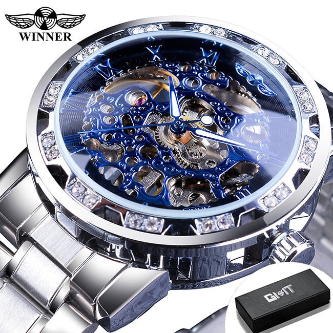 Winner Transparent Fashion Diamond Luminous Gear Movement Royal Design Men Top Brand Luxury Male Mechanical Skeleton Wrist Watch S1089-7