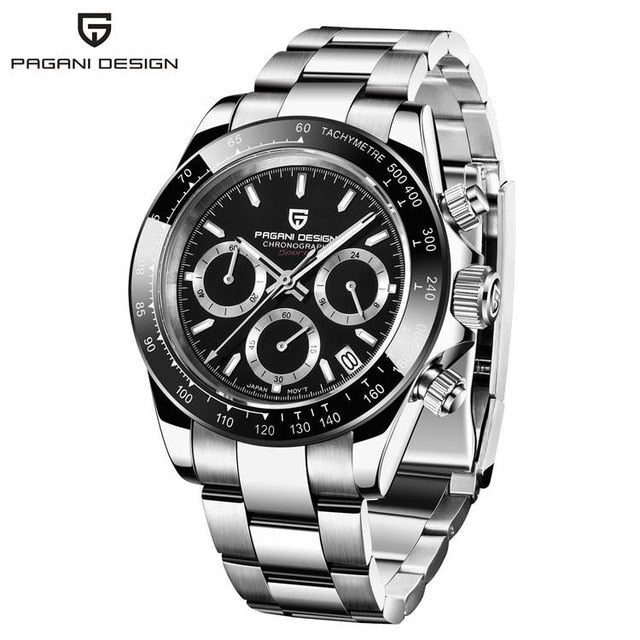 40mm New PAGANI DESIGN Men Quartz Watches Sapphire Luxury Chronograph Stainless Steel Waterproof Men Watch steel black, China