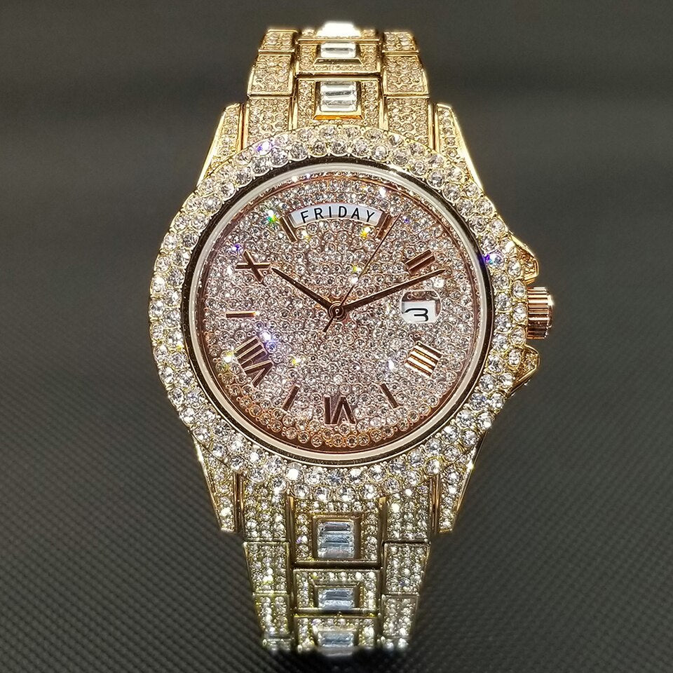 New Iced Out Watch For Men Luxury Gold Full Diamond Mens Watches Hip Hop Waterproof Day Date Clock V320A Rose