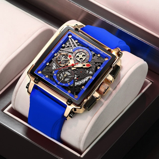 Top Brand Luxury Mens Watches Square Digital Sports Quartz Wrist Watch for Men Waterproof Stopwatch Relogio Masculino gold Blue, China