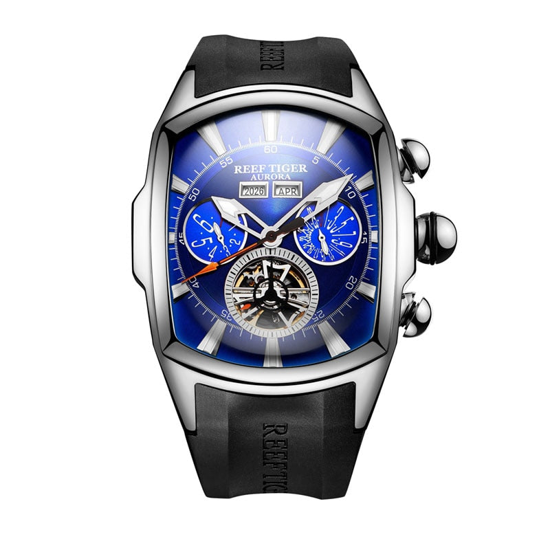 Reef Tiger RT Top Brand Luxury Big Watch for Men Blue Dial Mechanical Tourbillon Sport Watches Relogio Masculino RGA3069 RGA3069-YLB