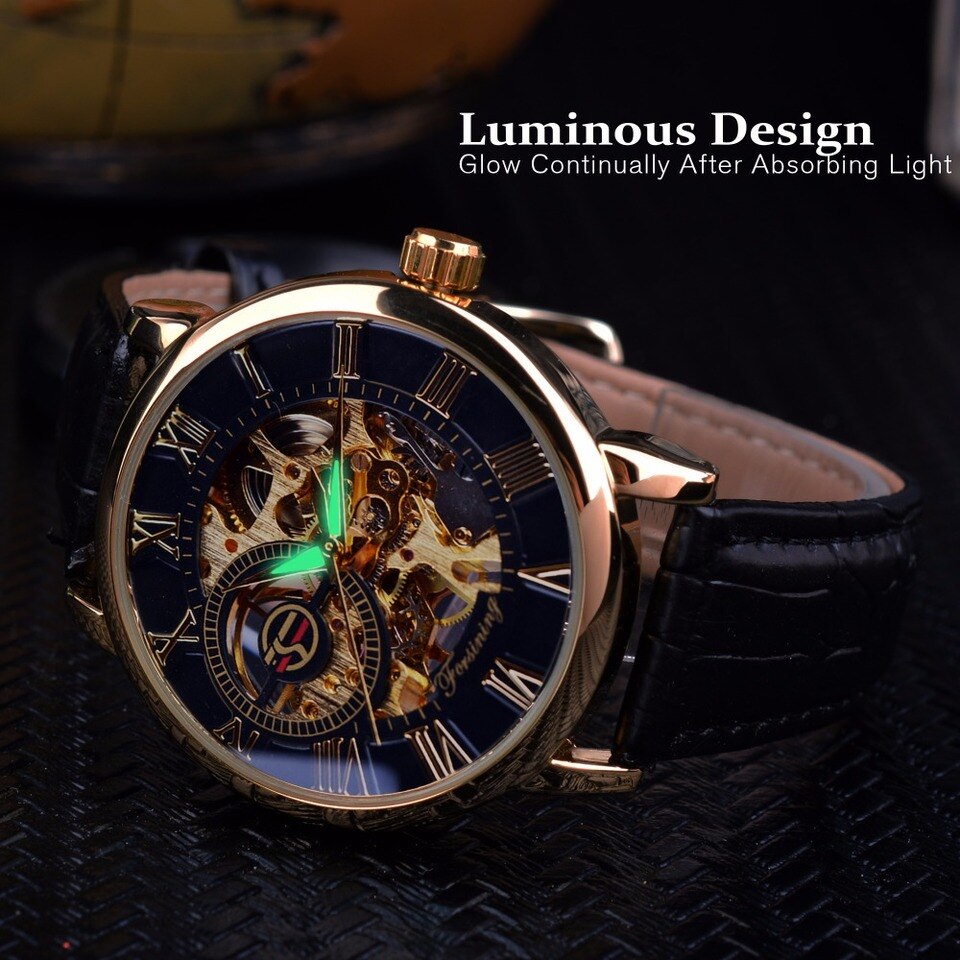 New Men Forsining Black Gold Watch 3d Logo Design Hollow Engraving Black Gold Case Leather Skeleton Mechanical Watches Men Luxury Brand Heren Horloge