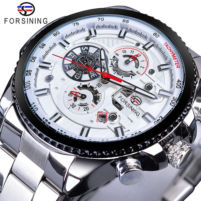 New Men Forsining Three Dial Calendar Watch Stainless Steel Men Mechanical Automatic Wrist Watches Top Brand Luxury Military Sport Male Clock