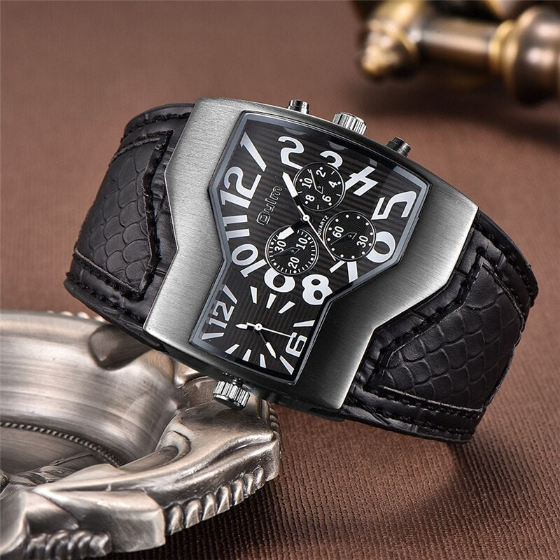 Classic Style Two Time Zone Men Watches PU Leather Wristwatch Male Quartz Clock Casual Man Hours relogio masculino