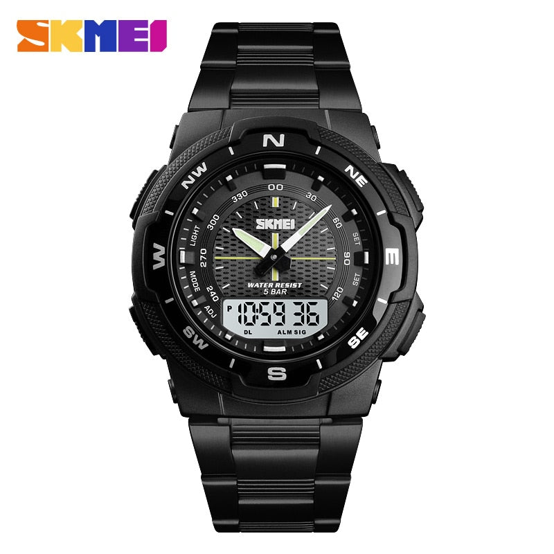 Men Watch Fashion Sport Watches Stainless Steel Strap Mens Watches Stopwatch Chronograph Waterproof Wristwatch Men black white