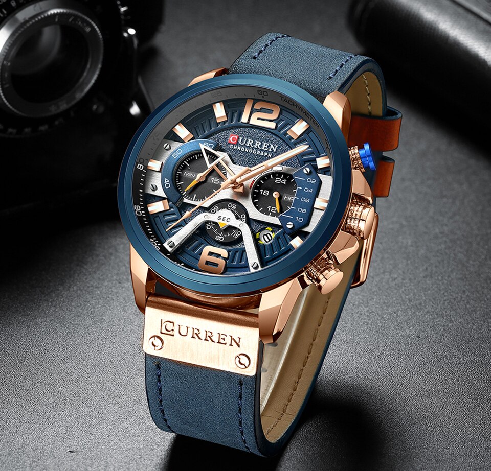 Men Watches Top Brand Luxury Blue Leather Chronograph Sport Watch For Men Fashion Date Waterproof Clock Reloj Hombre