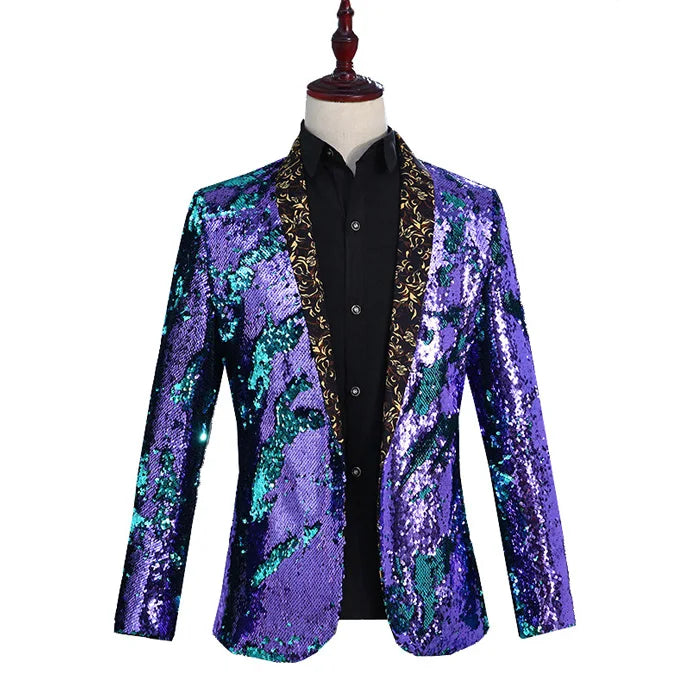 New Luxury Royal Blue Sequin Dress Blazer Men Nightclub Stage Shawl Collar Mens Suit Jacket Floral Collar Purple, Asian L