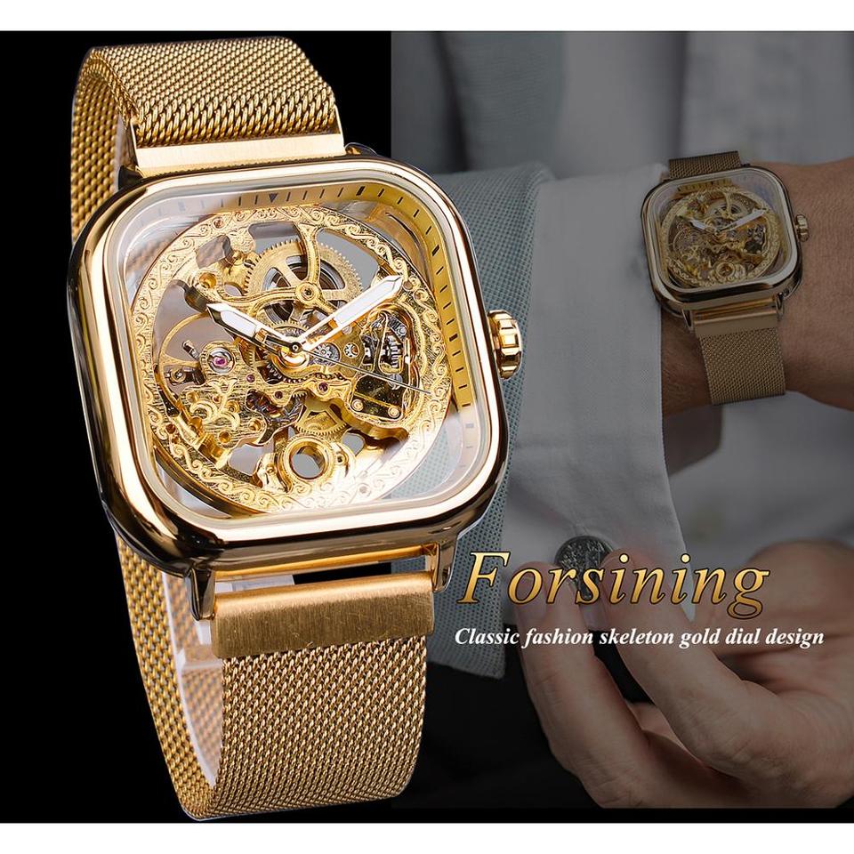 New Men Forsining Golden Automatic Watch Square Skeleton Mesh Steel Band Mechanical Business Clock Relogio Masculino Erkek Kol Saati