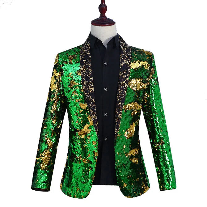 New Luxury Royal Blue Sequin Dress Blazer Men Nightclub Stage Shawl Collar Mens Suit Jacket Floral Collar Green, Asian L