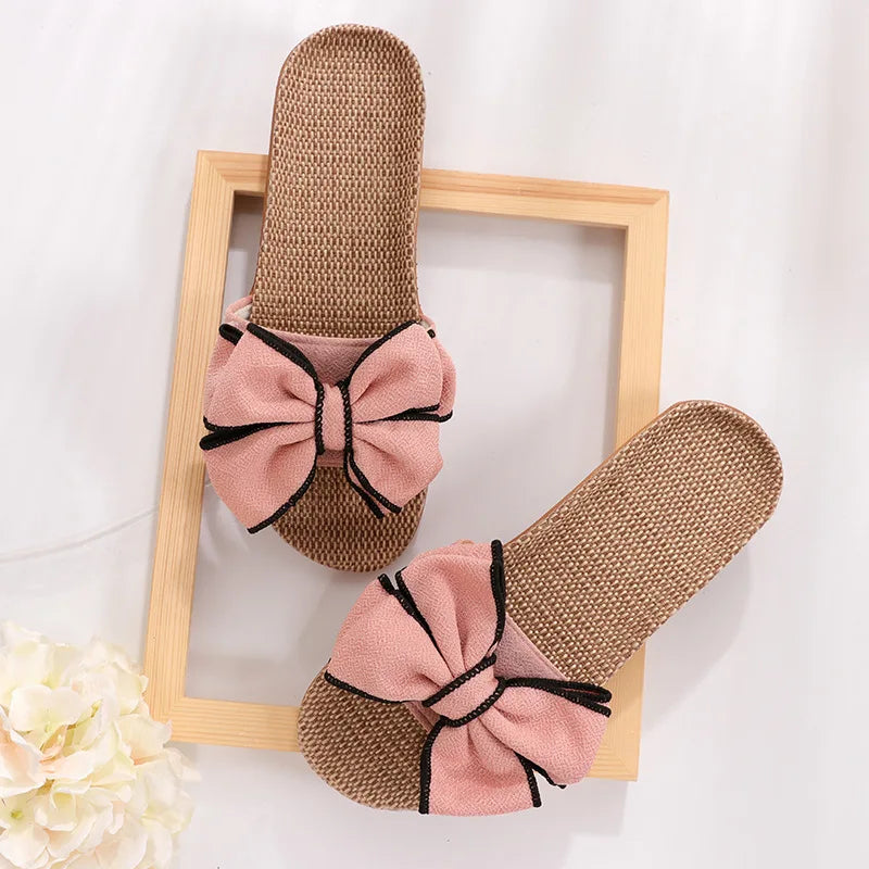 New Casual Sneakers For Home Slippers Summer Bow-knot Soft Floor Woman Indoor Flats Shoes Cute Linen Slipper Terlik