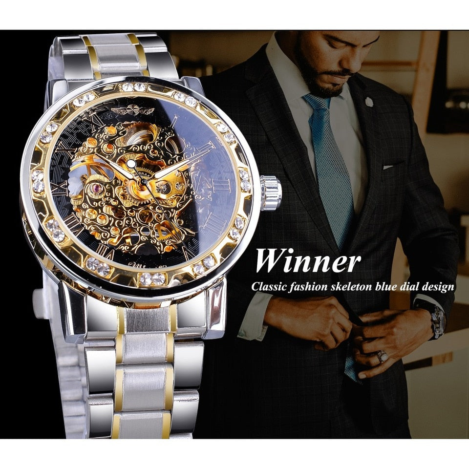 Winner Transparent Fashion Diamond Luminous Gear Movement Royal Design Men Top Brand Luxury Male Mechanical Skeleton Wrist Watch