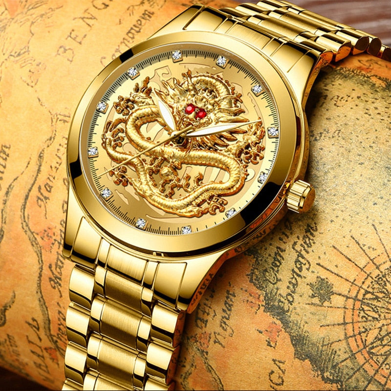 Luxury Embossed Gold Dragon Watch Men Full Steel Waterproof Watch Men Diamond Ruby Fashion Casual Japan Quartz Clock