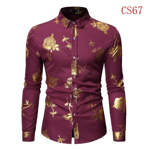 Men Gold Rose Floral Print Dress Shirt Brand Floral Steampunk Chemise White Long Sleeve Wedding Party Bronzing Camisa Masculina CS67 Wine Red, USA Size S