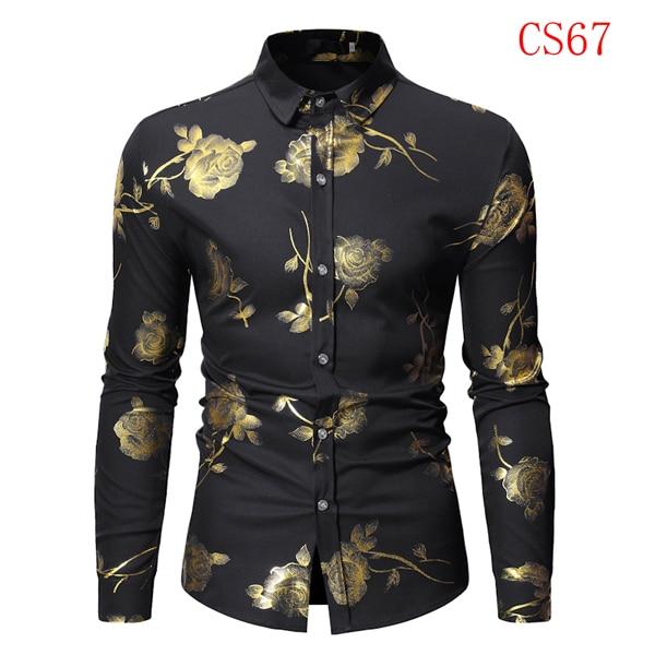 Men Gold Rose Floral Print Dress Shirt Brand Floral Steampunk Chemise White Long Sleeve Wedding Party Bronzing Camisa Masculina CS67 Black, USA Size S