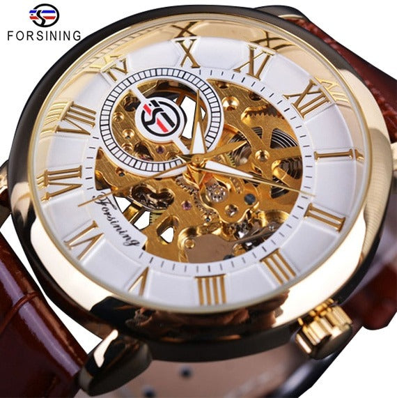 New Men Forsining Black Gold Watch 3d Logo Design Hollow Engraving Black Gold Case Leather Skeleton Mechanical Watches Men Luxury Brand Heren Horloge