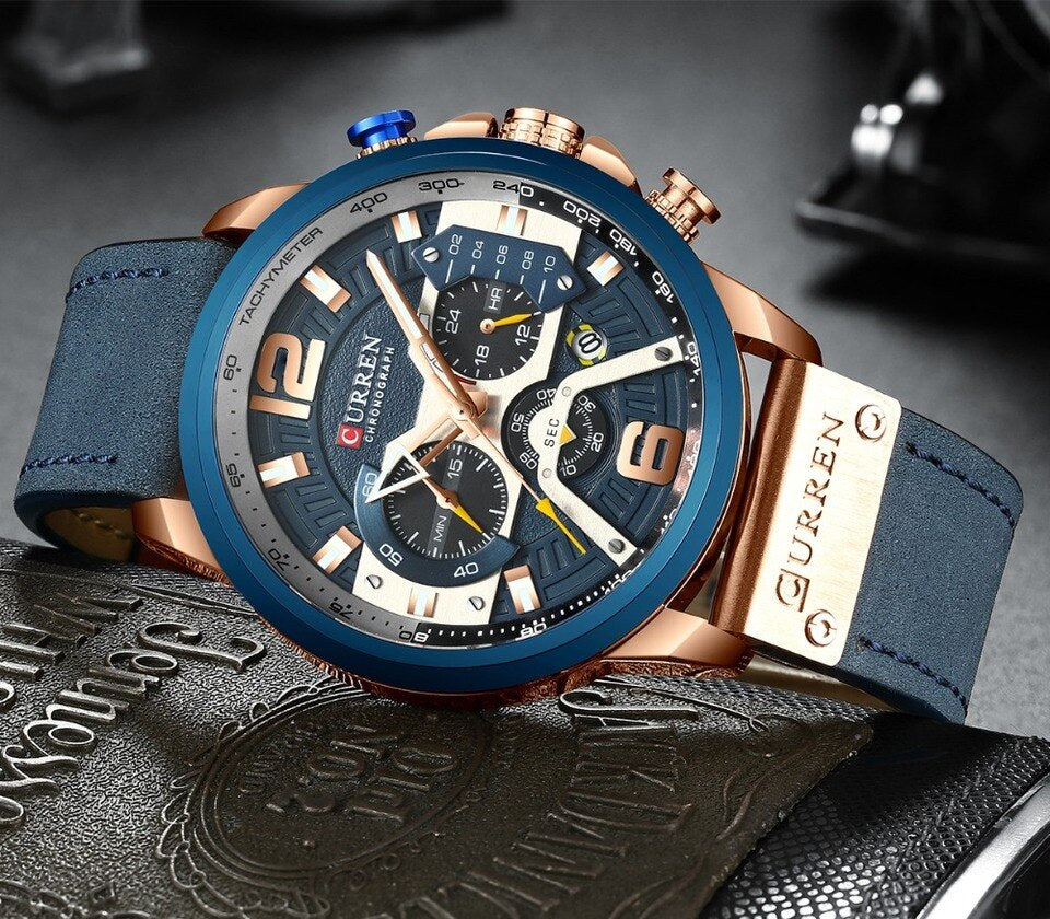 Men Watches Top Brand Luxury Blue Leather Chronograph Sport Watch For Men Fashion Date Waterproof Clock Reloj Hombre