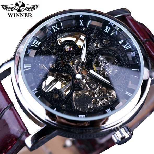 New Men Winner Transparent Golden Watch Luxury Casual Design Brown Leather Strap Mens Watches Top Brand Luxury Mechanical Skeleton Watch