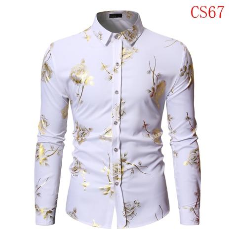 Men Gold Rose Floral Print Dress Shirt Brand Floral Steampunk Chemise White Long Sleeve Wedding Party Bronzing Camisa Masculina CS67 White, USA Size S