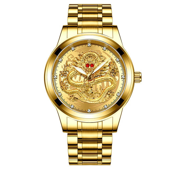 Luxury Embossed Gold Dragon Watch Men Full Steel Waterproof Watch Men Diamond Ruby Fashion Casual Japan Quartz Clock Gold