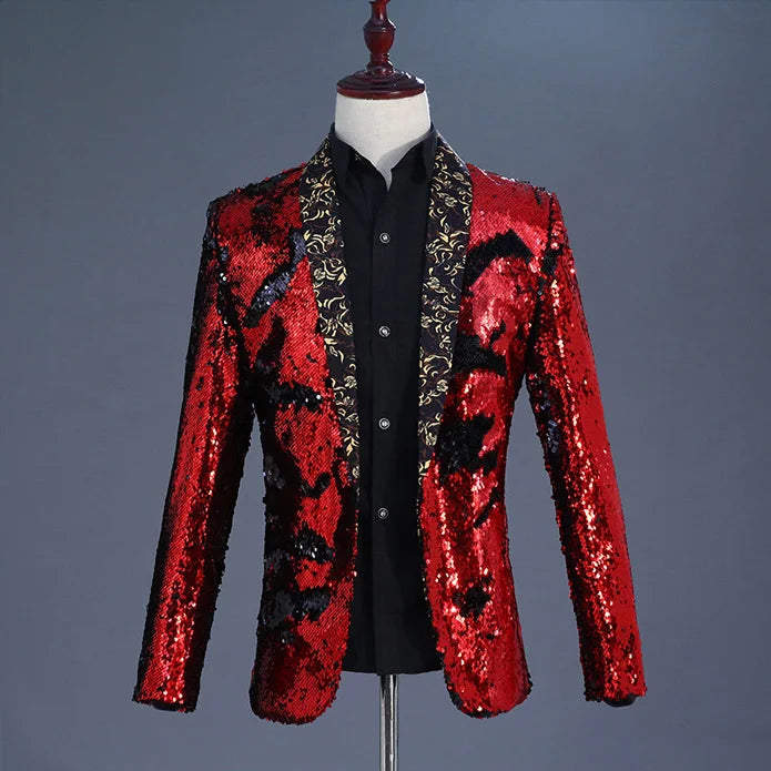 New Luxury Royal Blue Sequin Dress Blazer Men Nightclub Stage Shawl Collar Mens Suit Jacket Floral Collar Red, Asian XXL