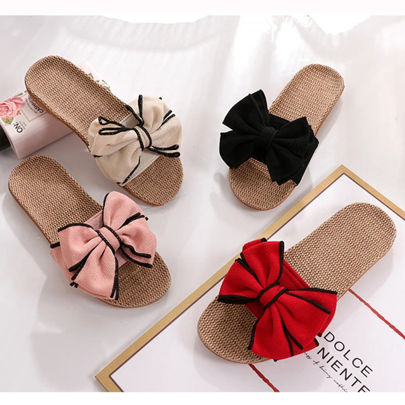 New Casual Sneakers For Home Slippers Summer Bow-knot Soft Floor Woman Indoor Flats Shoes Cute Linen Slipper Terlik