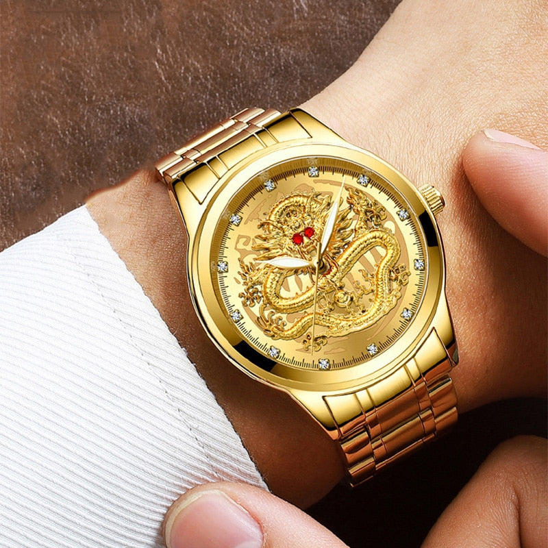 Luxury Embossed Gold Dragon Watch Men Full Steel Waterproof Watch Men Diamond Ruby Fashion Casual Japan Quartz Clock