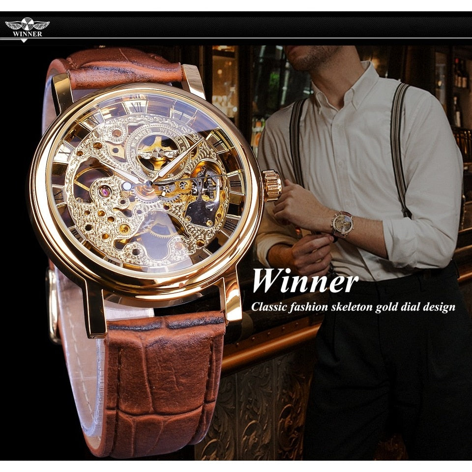 New Men Winner Transparent Golden Watch Luxury Casual Design Brown Leather Strap Mens Watches Top Brand Luxury Mechanical Skeleton Watch