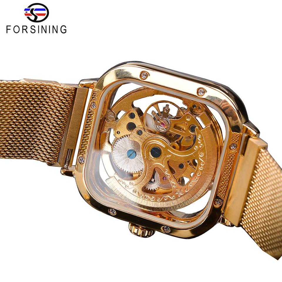 New Men Forsining Golden Automatic Watch Square Skeleton Mesh Steel Band Mechanical Business Clock Relogio Masculino Erkek Kol Saati