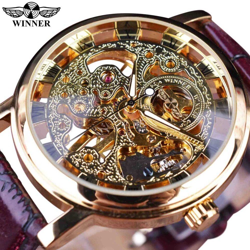 Winner Transparent Golden Case Luxury Casual Design Brown Leather Strap Mens Watches Top Brand Luxury Mechanical Skeleton Watch Golden