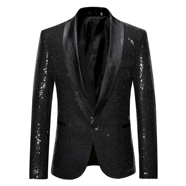 New Shiny Sequin Glitter Embellished Tuxedo Suit Jacket Men One Button Shawl Collar Blazer X35 Black, M