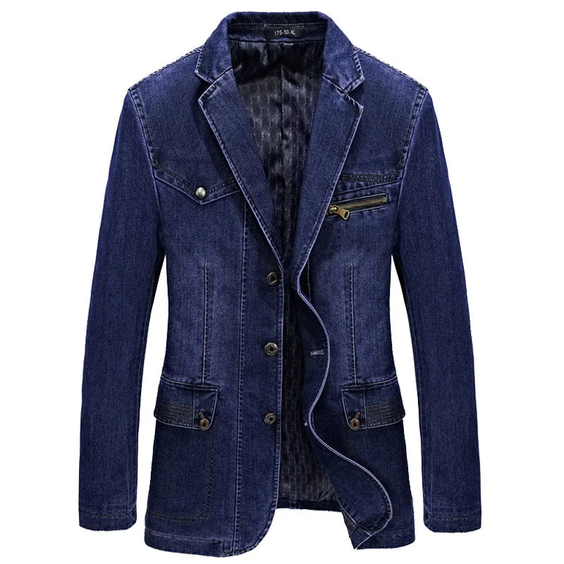 New Men Denim Blazer Oversized Solid Cotton Single Breasted Casual Coat SKY BLUE, L